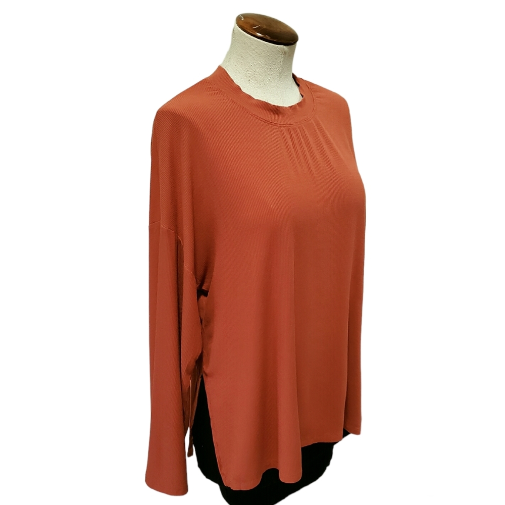 Lulus Mercurio Rust Orange Ribbed Long Sleeve Top High Crew Neck S